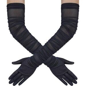 Women's Navy Blue Stretchy Tulle Spandex Sheer Satin Long Gloves Party Prom